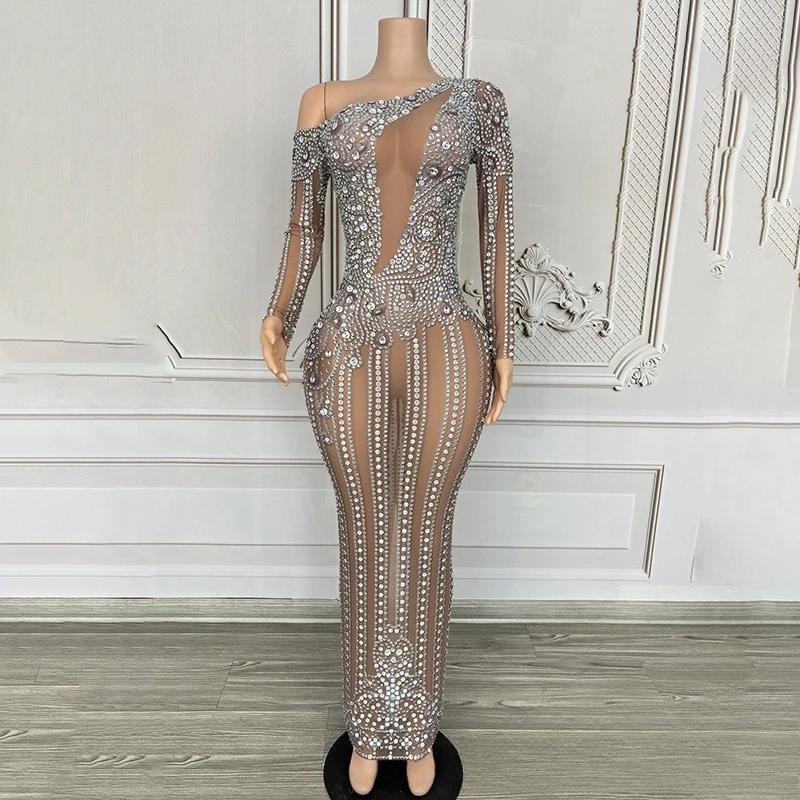 

Premium Silver Nude Rhinestone Evening Wear Celebrity Birthday Party Light Luxury Dress Studio Exhibition Hall Model Performance