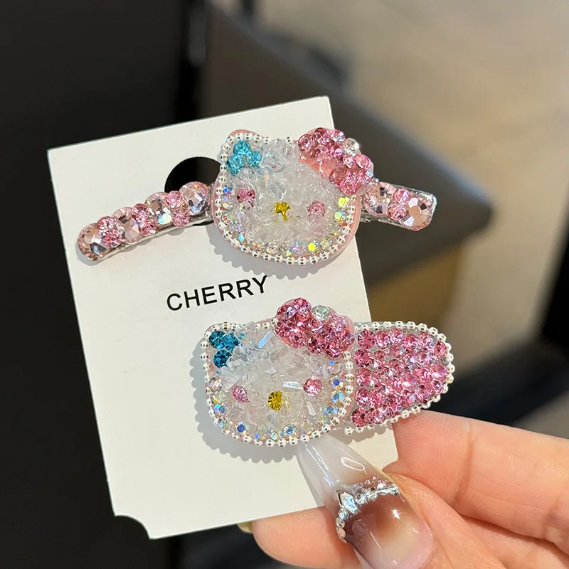 

Cute Hello Kitty Pink Rhinestone Hair Clip Fashionable Cartoon Cat Girl Bangs Hair Clip Large Duckbill Clip Headband Wholesale