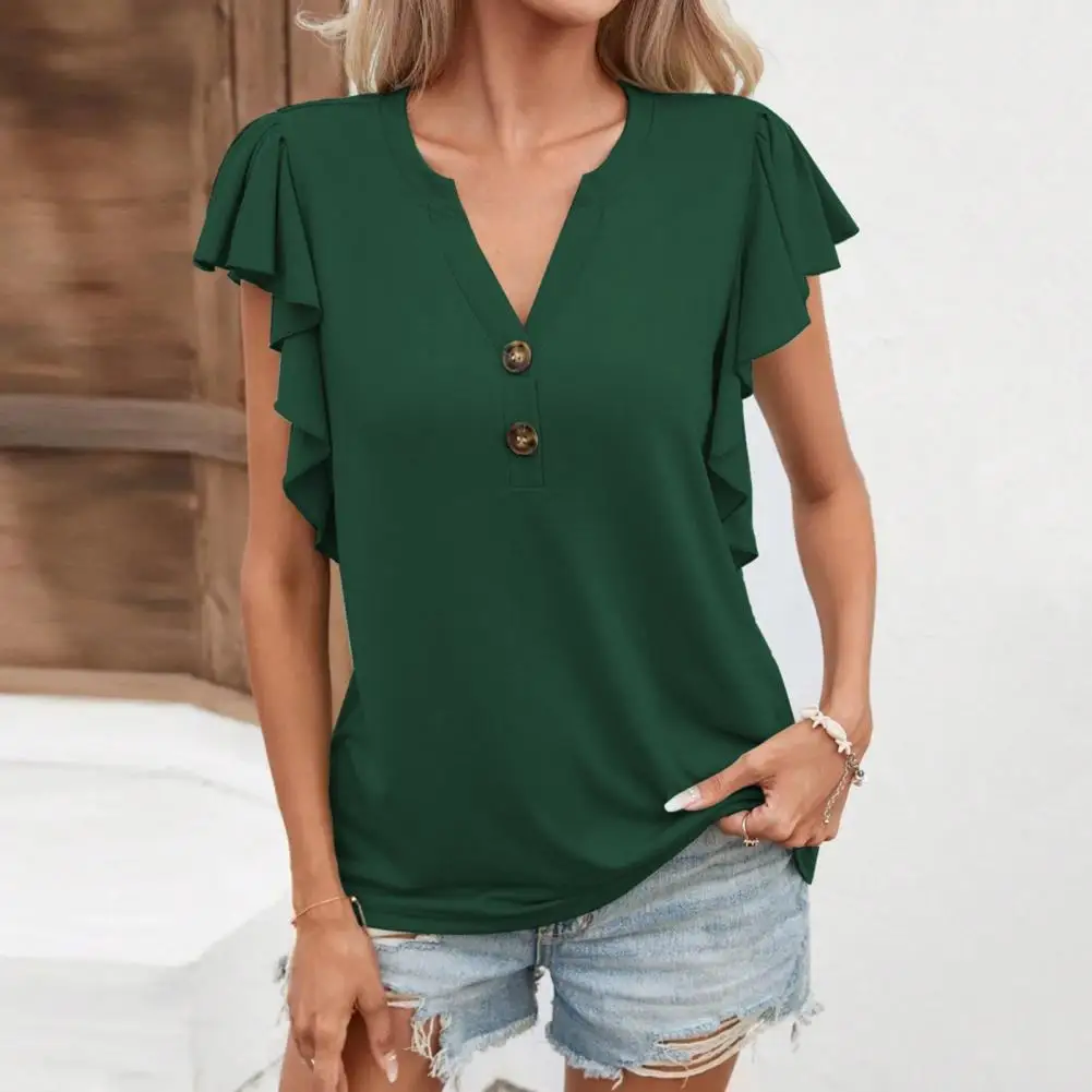 

Soft Women Top V-neck Summer T-shirt for Women Soft Stretchy Pullover Tops with Buttons Loose Fit Streetwear Solid Colors Short