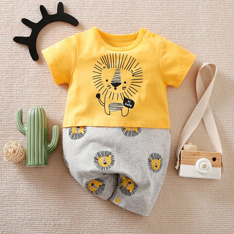 

Summer Newborn Boys And Girls Cute Cartoon Lion Print Cotton Comfortable Baby Short Sleeve Bodysuit