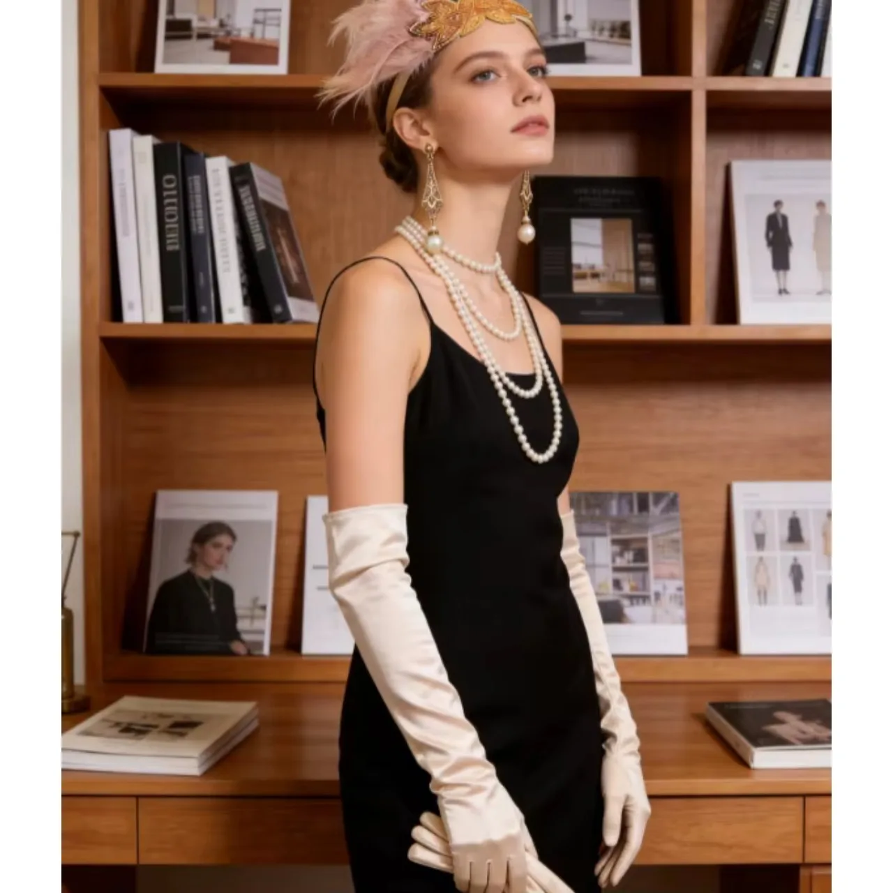 PESENAR  1920s Flapper Costume Accessory Set with Feather Headband, Pearl Jewelry and White Long Gloves