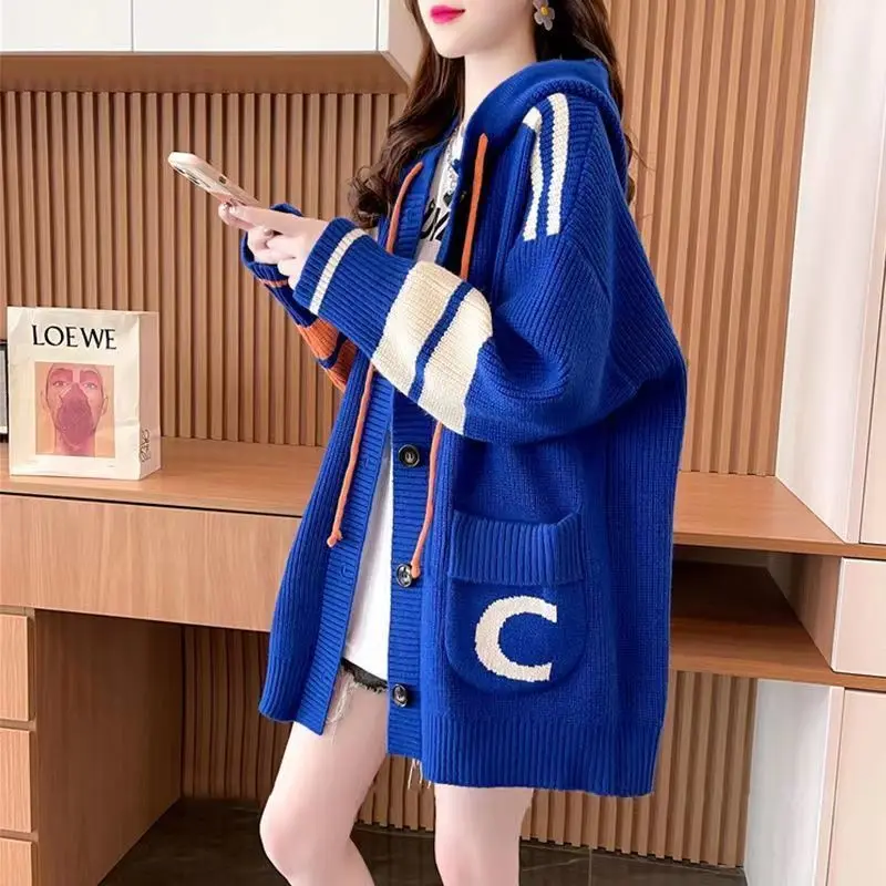 Women\'s Cardigan Button Hooded Collar Drawstring Sweater Midi Autumn Winter Fashion Thick Long Sleeve Pocket Letter Knitted Coat