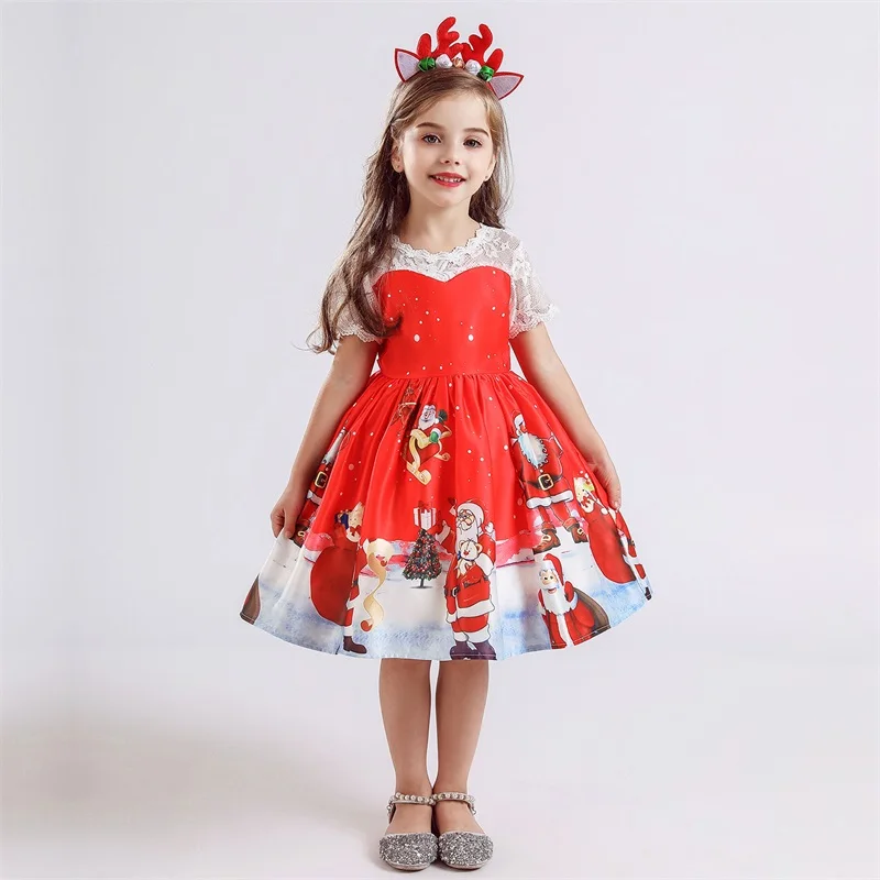 2023 Girls Christmas Snowflake Print Bow Sleeveless Ball Gown For Children Cartoon Santa Claus Princess Dress With Elk Headband