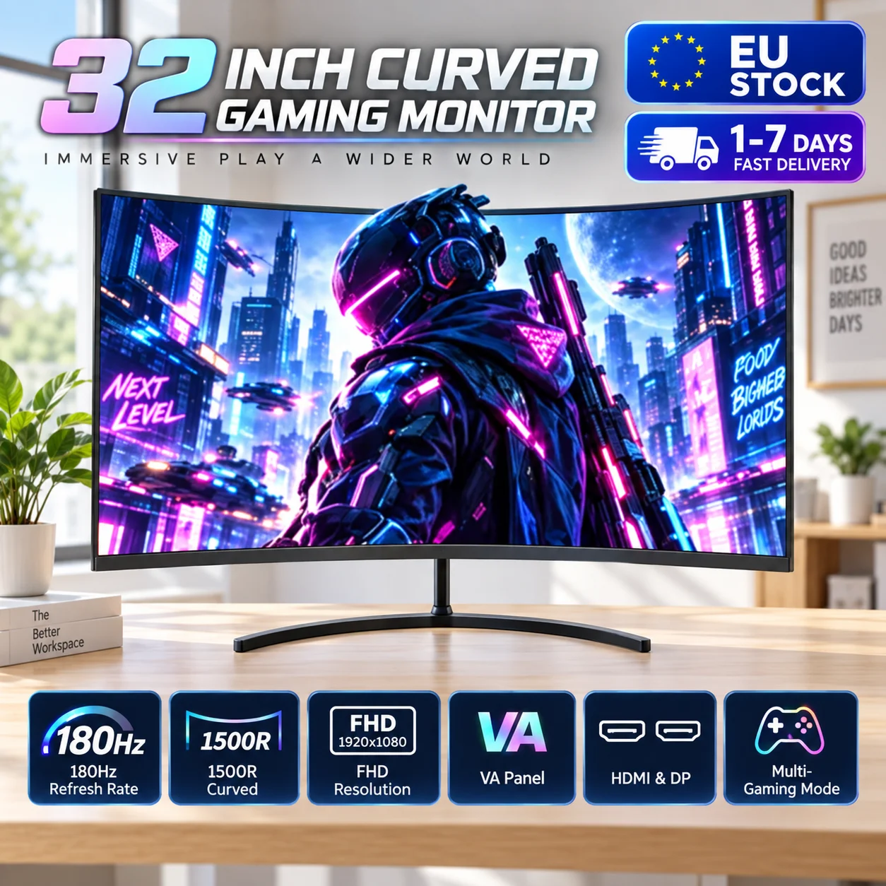 Monitor da gaming curvo Crua Gf320D da 32 pollici, 180 Hz, schermo VA 1080P FHD 1800R, monitor per PC con HDTV e DisplayPort DP, display ad alta frequenza di aggiornamento per gaming, casa, ufficio,