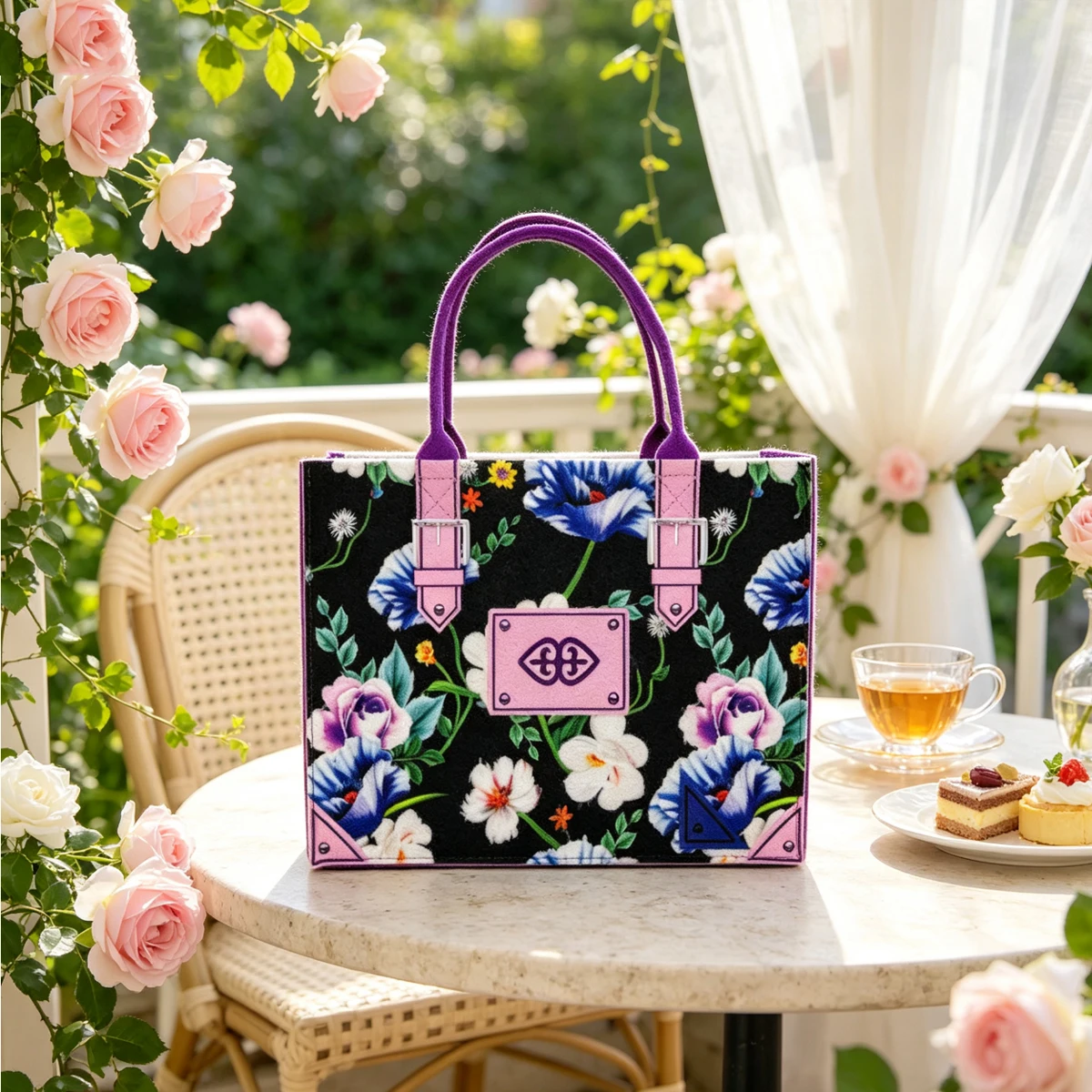 Women Felt Tote Bag，Makeup bag Floral Print Large Capacity Handbag Vintage Flower Pattern Shopping Bag