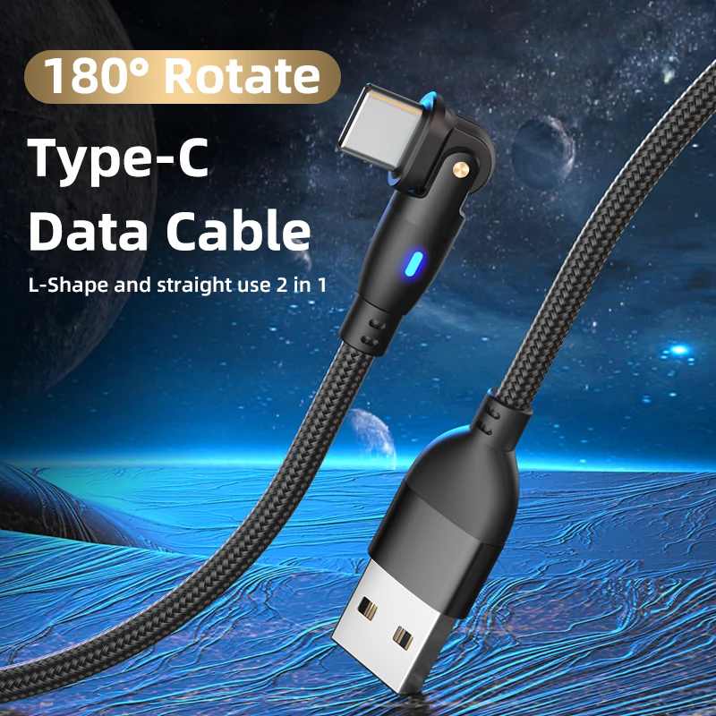 180 Degrees Rotate 3A USB Phone Cable Cord for iP Samsung S23, Huawei P60, Xiaomi 13, Redmi K60 Pro, Type-C Data Cable