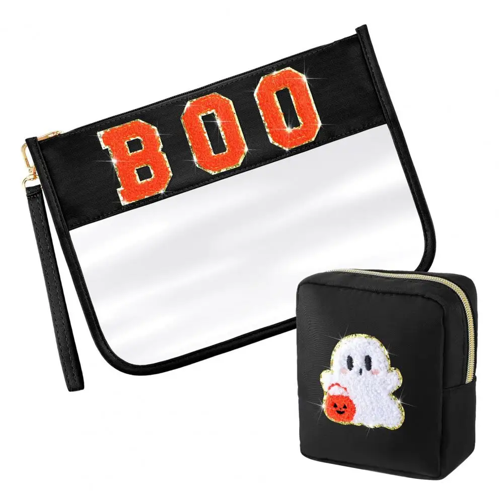 Borse eleganti Set di borse per trucco di Halloween con cerniera Borsa per cosmetici con lettera Boo Borsa impermeabile per riporre la zucca fantasma per ragazze