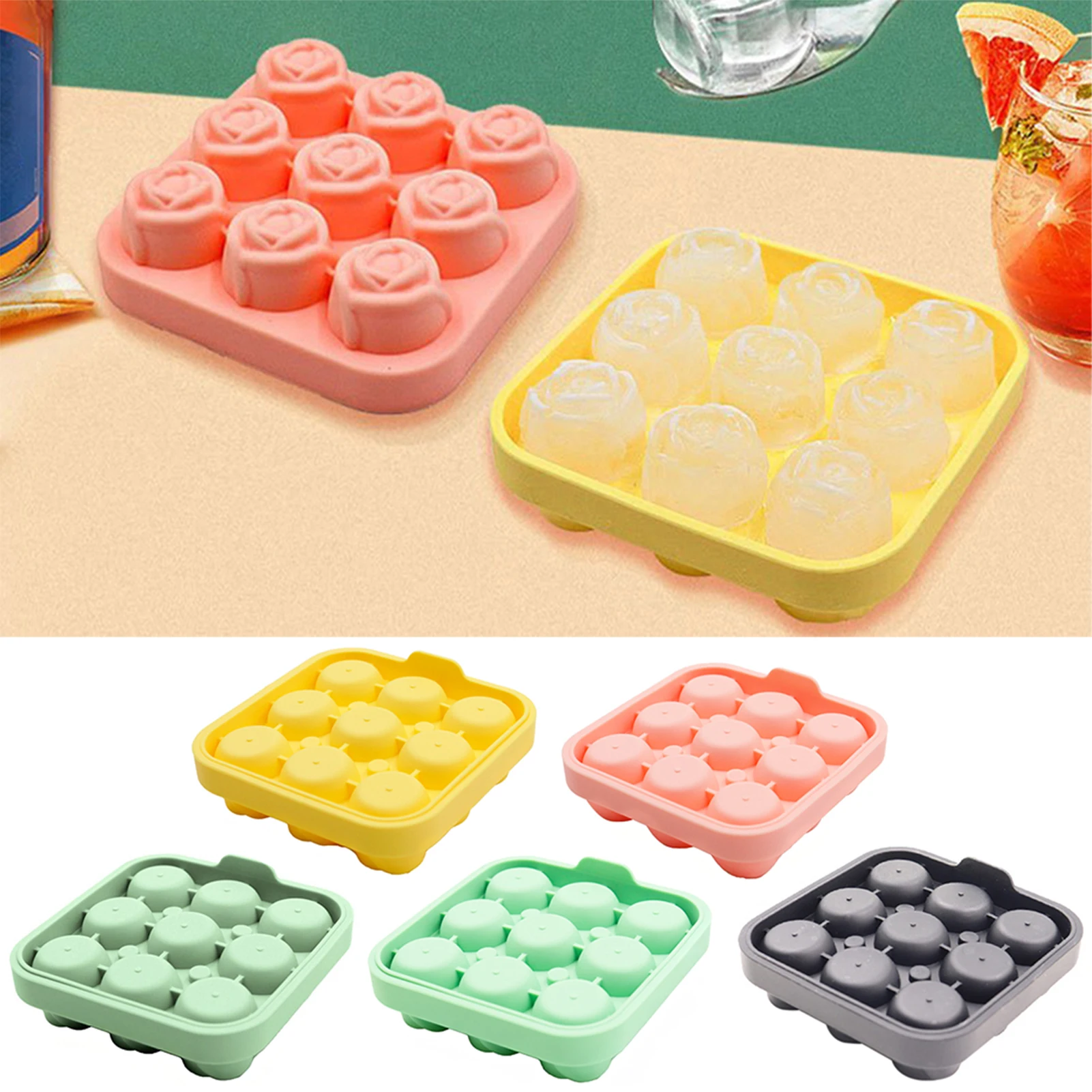 Molde para cubitos de hielo, bandeja de hielo reutilizable con diseño de rosa, molde para cubitos de hielo de 9 paneles, bandeja para hielo para bebidas frías de whisky, molde para bandeja de hielo de fácil liberacin