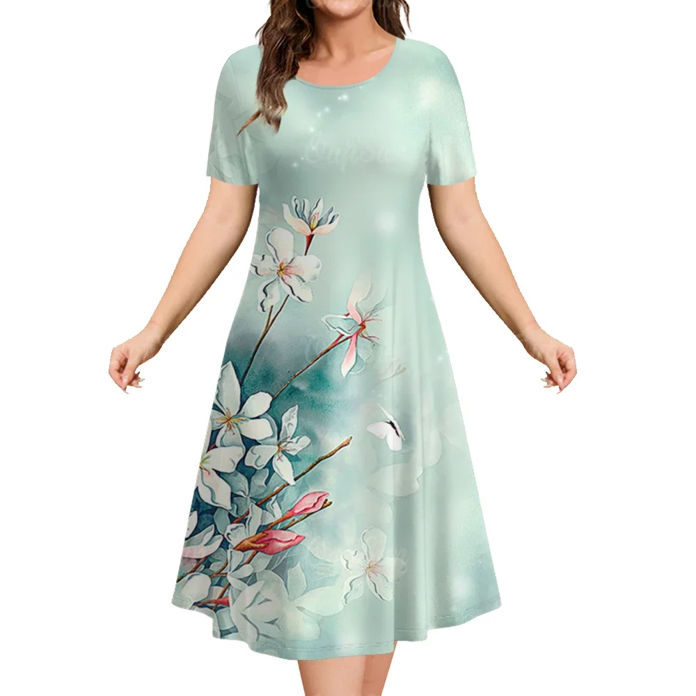 Fashion Elegant Women Dresses Plus Size Loose A-Line Dress Women Short Sleeve Simplicity Flower Casual Ladies Dress Big Size 9XL