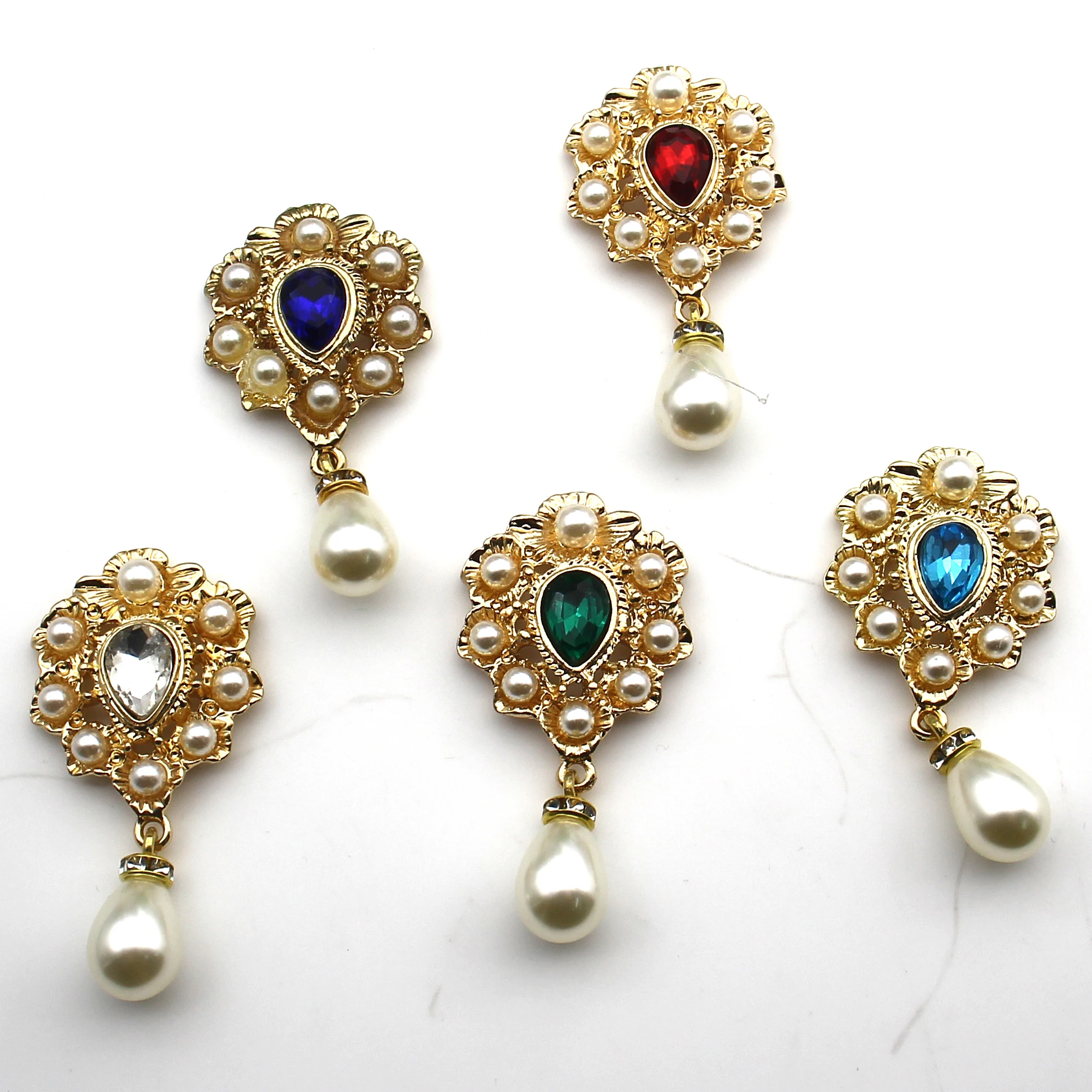 5Pcs 2.6×5cm Retro Court Style Sew On Crystal Applique Imitation Pearl Teardrop Dangle Clothing Embellishment