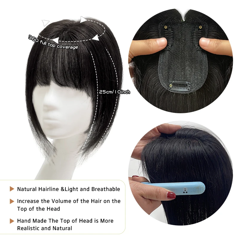 100% rambut manusia 7x10cm Hairnet dengan poni Perancis Toupee 25cm klip lurus dalam ekstensi rambut meningkatkan Volume puncak potongan rambut