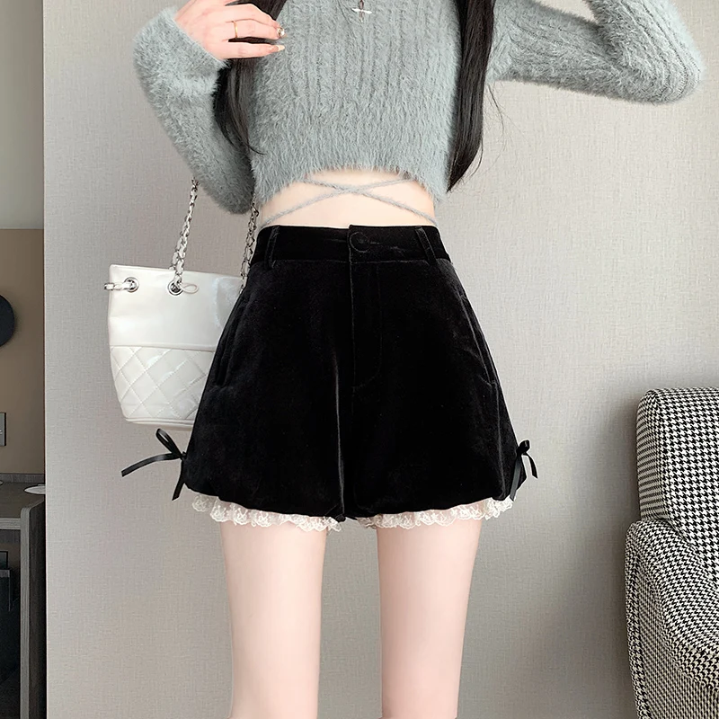 Doce chique lolita rendas guarnição shorts feminino japonês bowknot bonito lanterna calças curtas 2024 inverno kawaii veludo shorts roupas