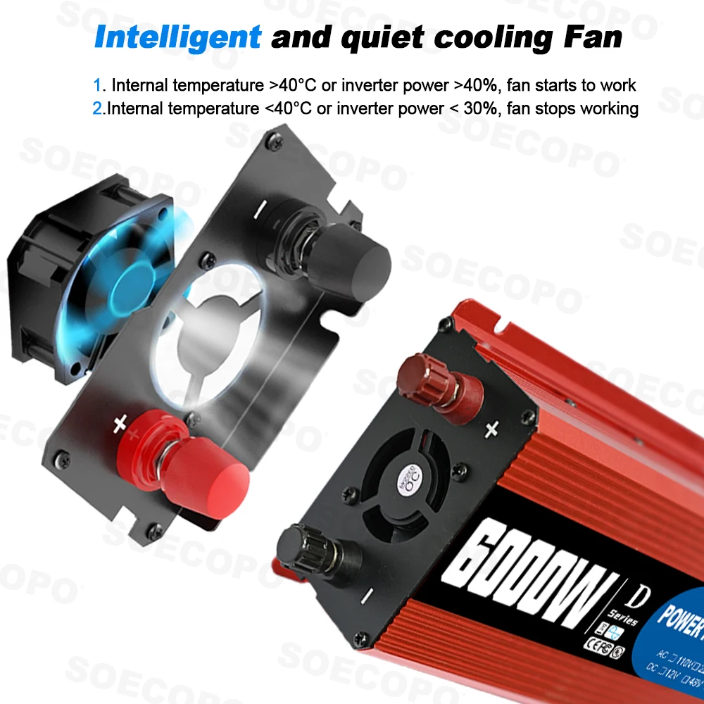 SOECOPO 6000 واط الذكية العاكس المحمولة لسيارة التخييم استخدام تيار مستمر 12 فولت/24 فولت/48 فولت إلى التيار المتناوب 110 فولت/220 فولت USB 5 فولت/1.5A الأنظمة الشمسية CE UL