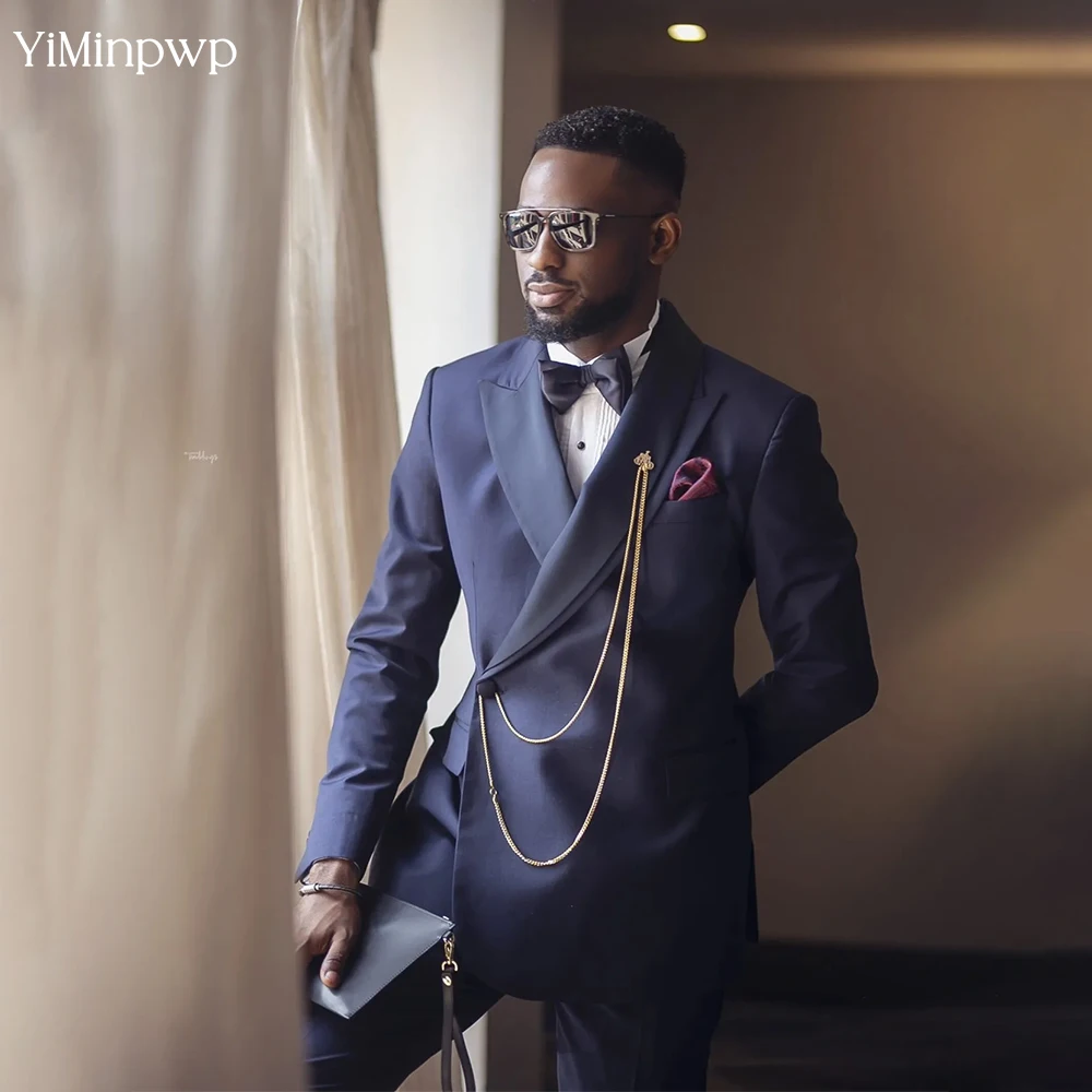 

YiMinpwp Navy Blue Single Breasted Men's Suit Satin 2 Piece Formal Wedding Tuxedo Slim Fit Business Outfits Groom Suit XS-5XL