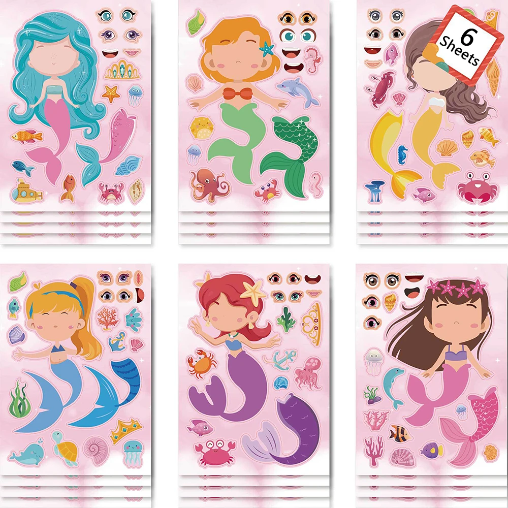 6/12Sheets Make a Face Mermaid Puzzle Stickers Children DIY Assemble Jigsaw Girls Boys Favor For Party Game Educational Toy Gift