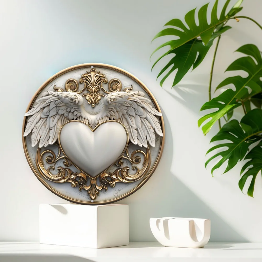 Charming Round Aluminum Sign with Heart and Feather Design, Perfect for Home Office Decor, Wall Art, Ideal for Thanksgiving Gift