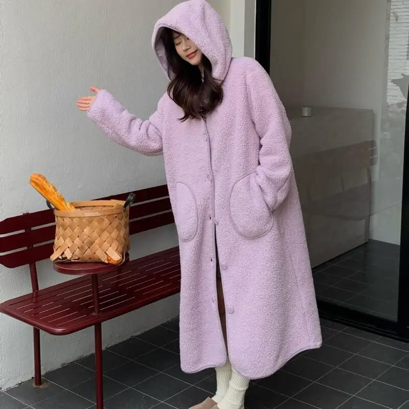 

Pajama Set Comfortable Sleepwear 2025 Winter Autumn Lamb Fleece Homewear Loose Thickened Warm Cozy Hooded Robe for Women Home