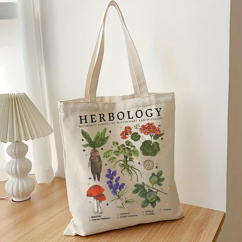 1Pc Herbology Plant Pattern Canvas Bag Shoulder Bag Botanical Travel Bag Plant Lover Bag Gardening Tote Bag Gift For Plant Lover