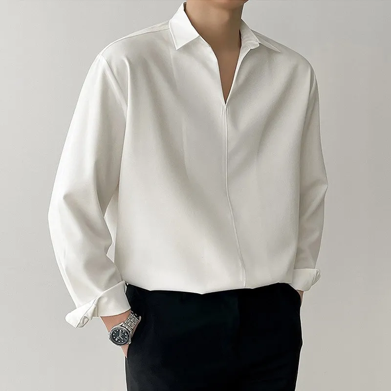 2026 Men's Loose Black White Solid Color Casual Trendy Turn-down Collar Long Sleeve Loose Shirts Male New Fashion Clothes Tops