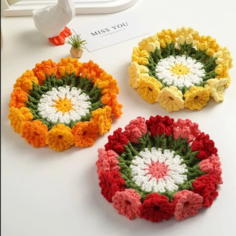 Mini Rose Bouquet Coasters Handmade Knitted Placemats Crochet Rose Flower Cup Pad Table Decoration and Accessories Home Decor