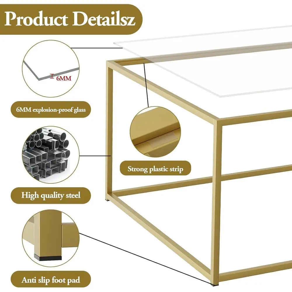 Compact Modern Gold & Clear Glass Coffee Table for Small Living Rooms, Easy Assembly, 26 Square