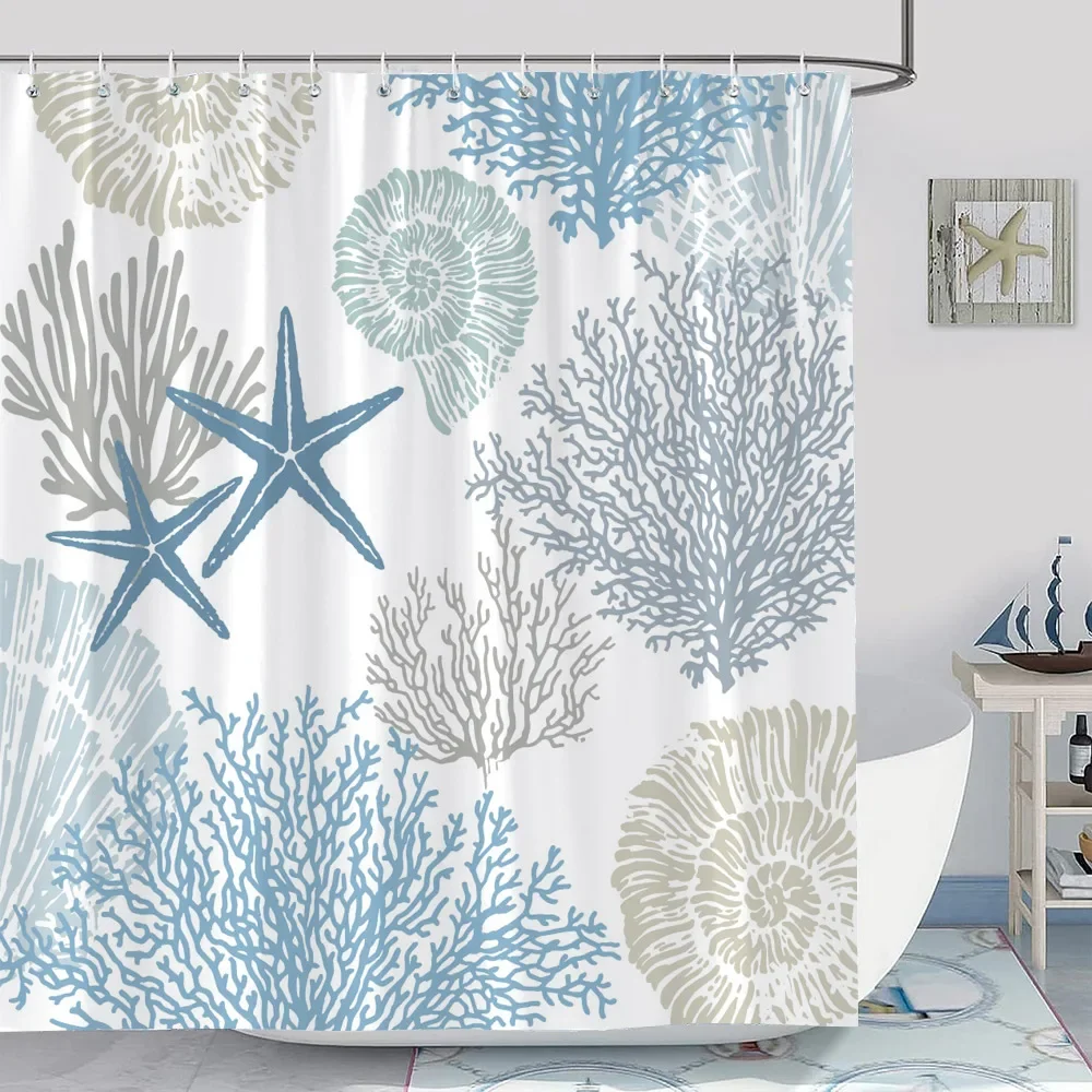 Vintage Anchor Starfish Nautical Pattern Shower Curtain Shell Coral Blue Classic Modern Simple Cloth Bath Curtain Bathroom Decor