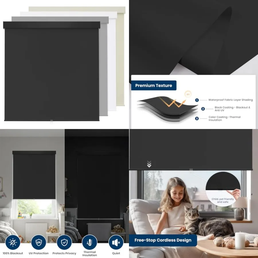 

100% out Roller Shades Cordless Blinds for Indoor Windows, Free-Stop Window Shades Pull Down, Thermal Insulated Fabric UV Prote