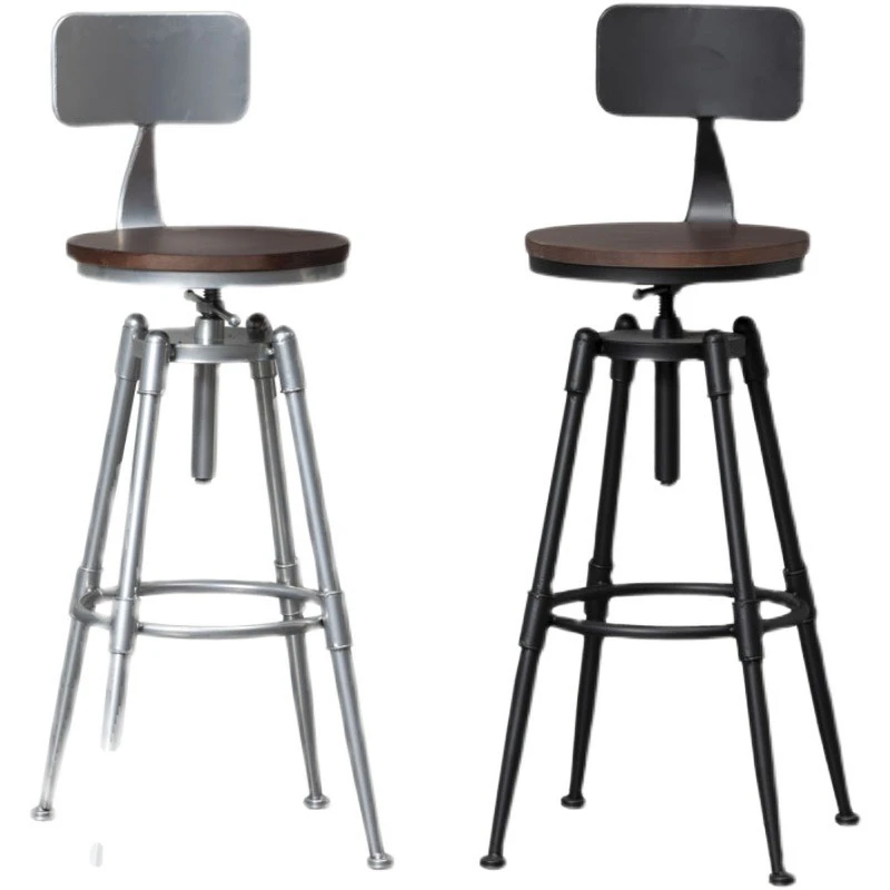 American retro industrial style bar chair rotating lifting solid wood high stool wrought iron backrest home restaurant bar stool