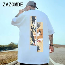 ZAZOMDE Retro T-Shirts For Men Crane Print Trendy Tees Men's Clothing Street Harajuku Tees Loose Short Sleeve Daily Casual Tops