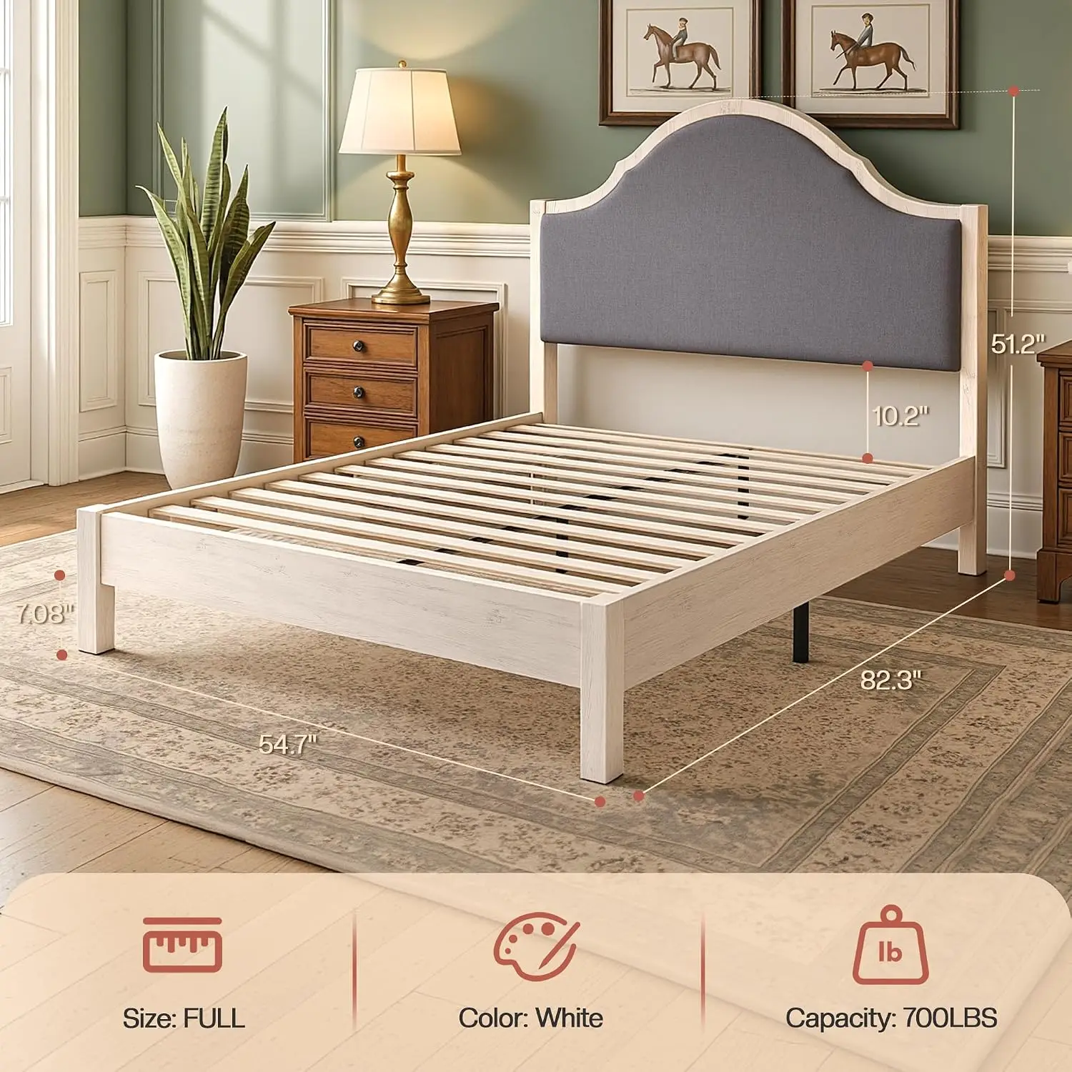 Full Size Bed Frame with Tall Upholstered Curved Headboard, Solid Wood Platform Bed, No Box Spring Needed, Wood, Customized