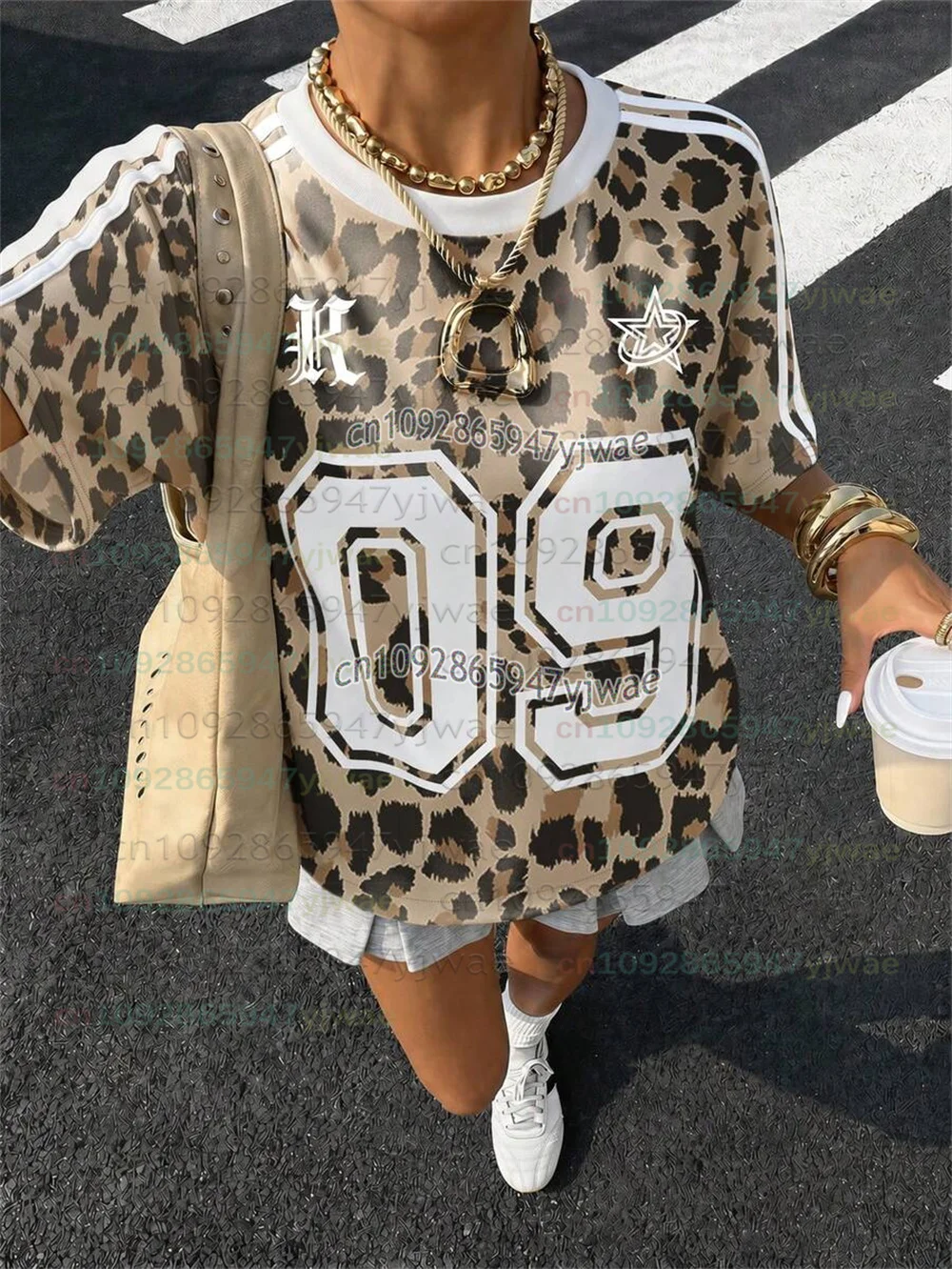 2026 Damen Oversized Athleisure Sportliches Baggy Country T-Shirt mit Leopardenmuster Nr. 09 Print Y2K Street Tee Tops – Detail 7