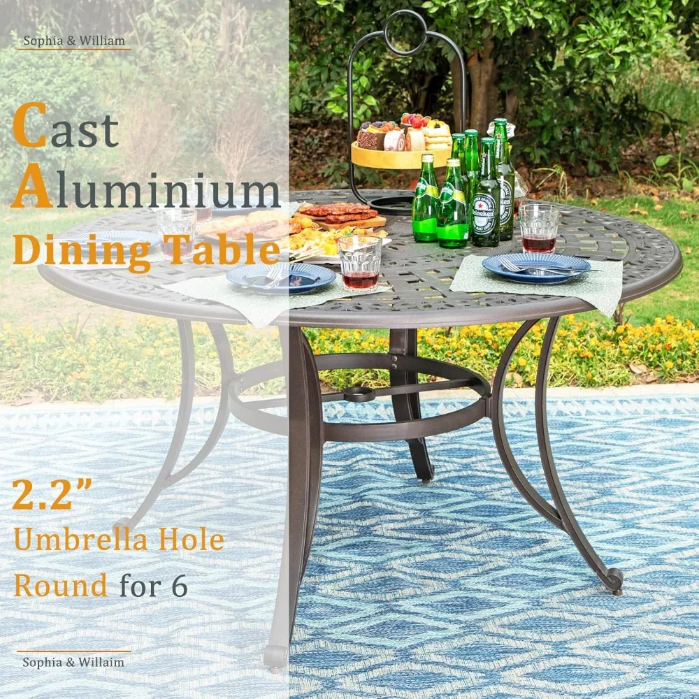 

Outdoor Dining Table 6-Person Round Cast Aluminium, Patio Bistro Table with 2.2" Umbrella Hole, Customized