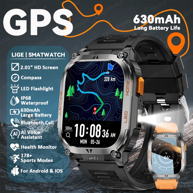

LIGE GPS Trajectory Smart Watch Men 2.01" HD Screen 630mAh Battery Bluetooth Call Heart Rate Compass Smartwatch With Flashlight
