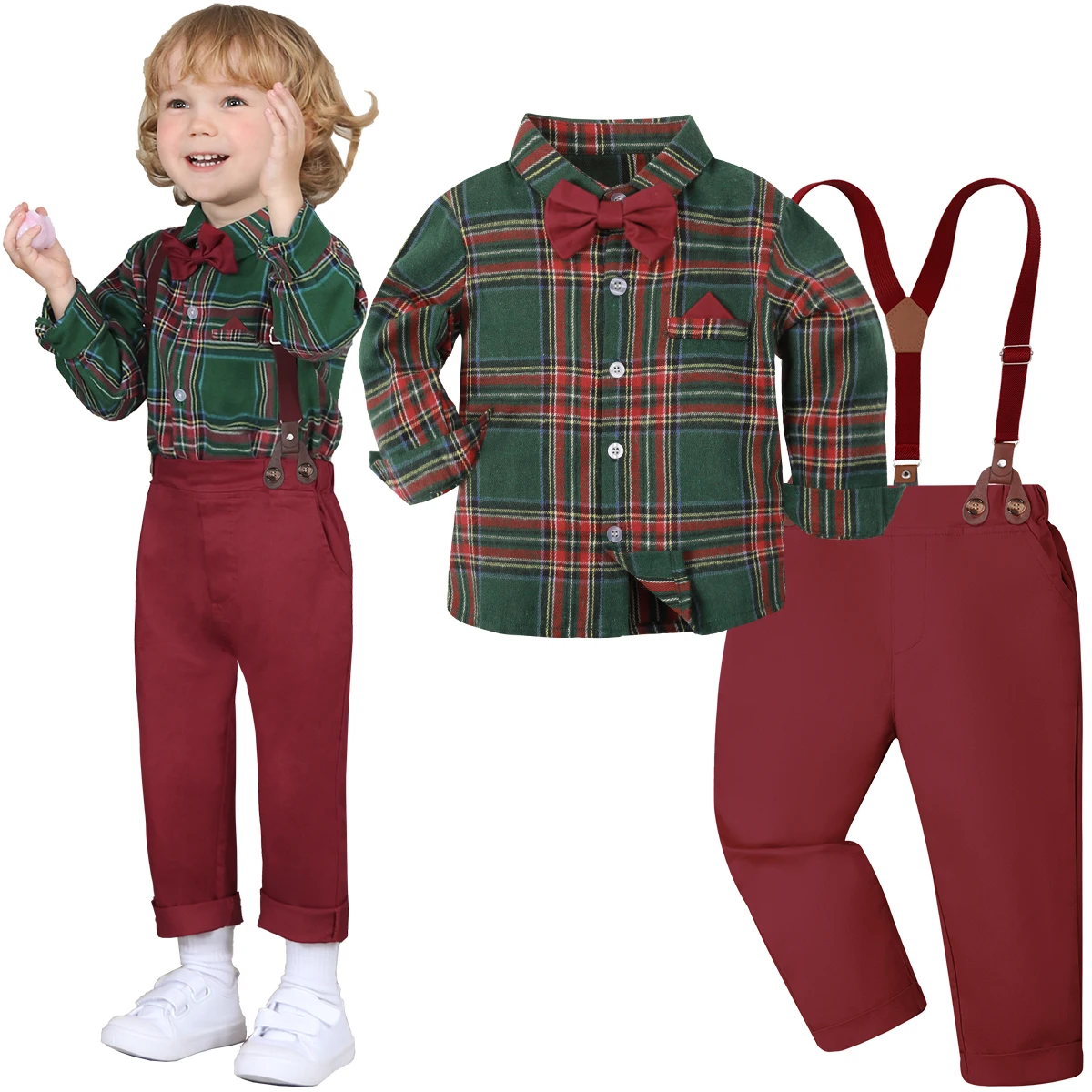 Weihnachtsoutfit Kleinkind Junge Baby Weihnachtskleidung Kinderanzug Rot Grün Kariert Neujahr Party Geschenk Formelle Fotografie Smoking