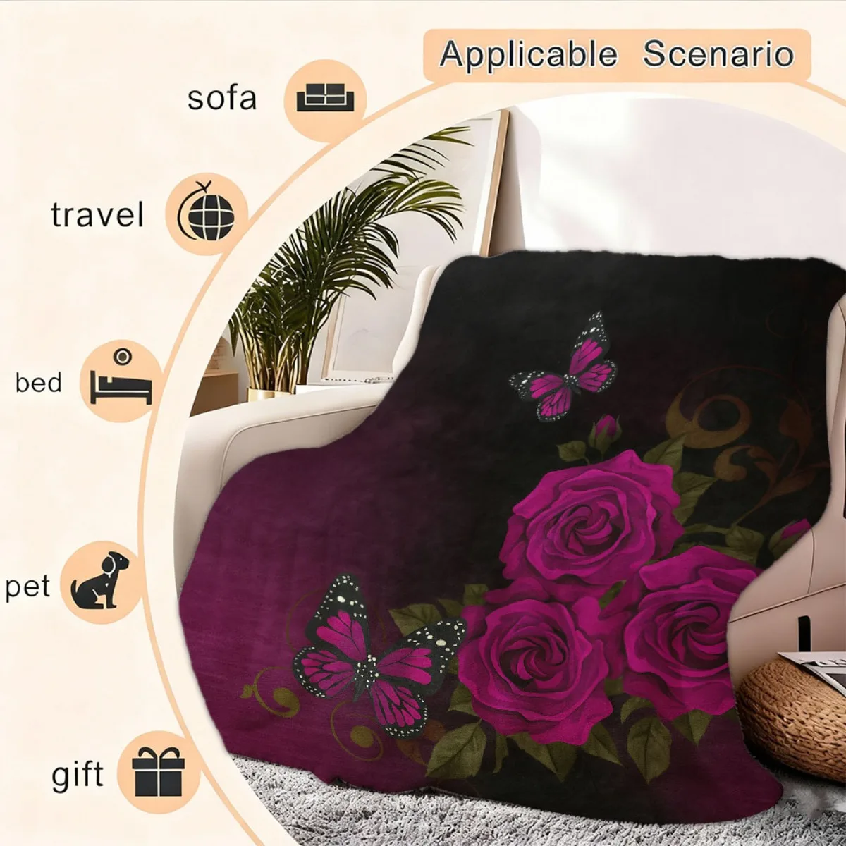 1pc Luxurious Rose and Butterfly Themed Flannel Blanket - Soft, Breathable 100% Polyester, All-Season Cozy Throw with High-Defin