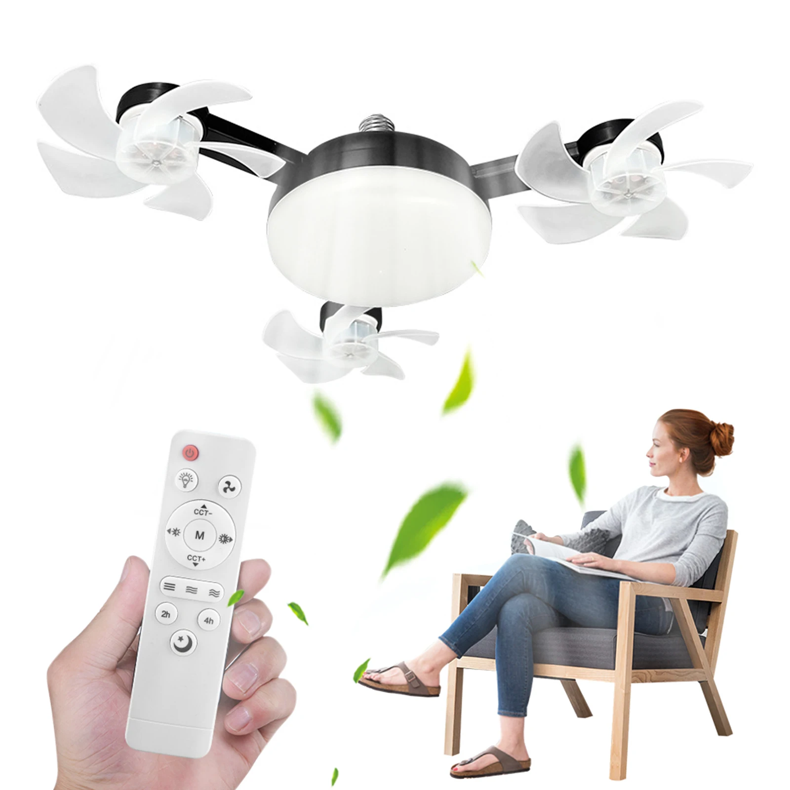 E27 Dimmable LED Socket Drone Fan Light with RC & Extension Rod 2 In 1 Hanging Fans 3-Speed for Dining Room Living Room