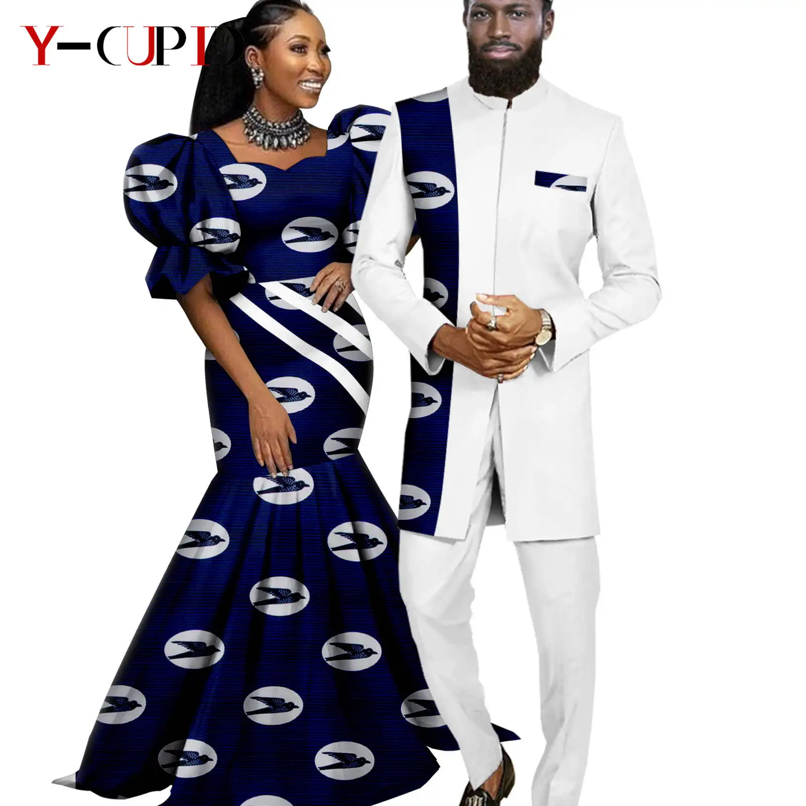 

Women Print Dresses Dashiki African Outfits Couple Matching Clothes for Wedding Bazin Men Suits Jacket and Pant Sets Y23C111