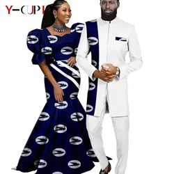 Women Print Dresses Dashiki African Outfits Couple Matching Clothes for Wedding Bazin Men Suits Jacket and Pant Sets Y23C111