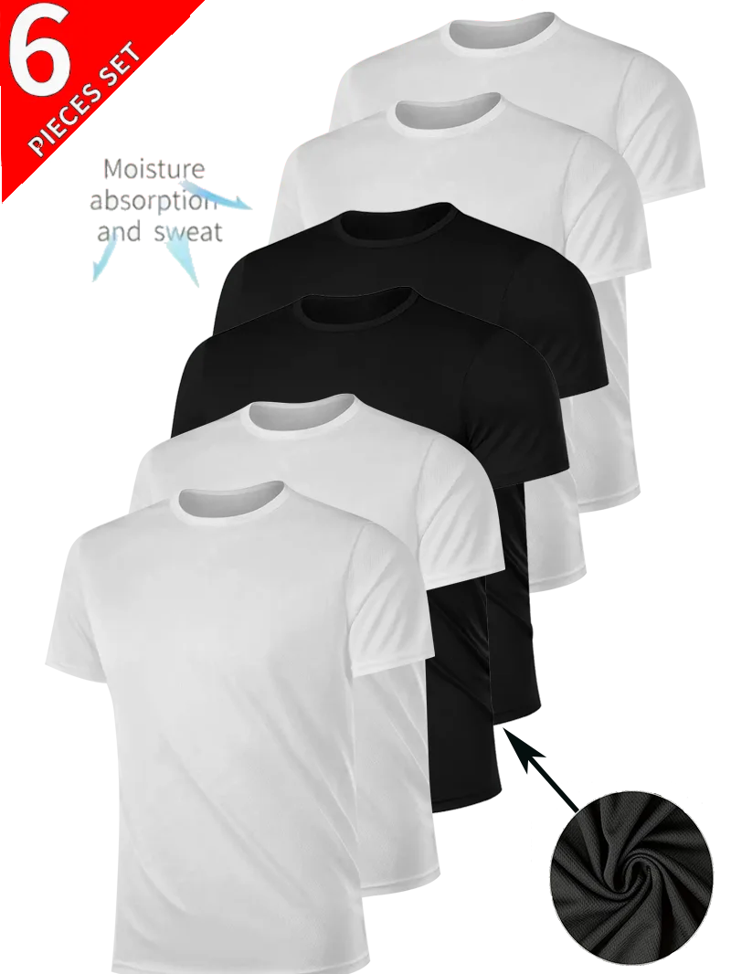 

Men's Round Neck 6-piece Solid Black and White T Shirt Layering Outerwear Soft Breathable Sports Moisture Wicking Quick Dry Bla