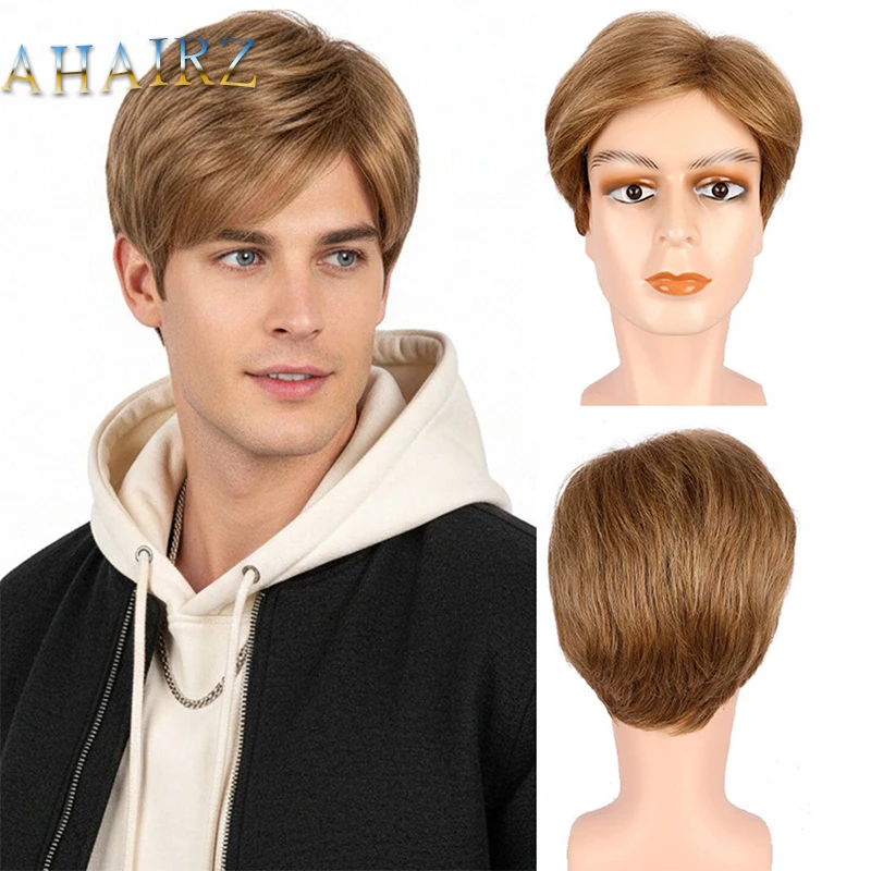 

Synthetic Short Straight Pixie Cut Blonde Wig with Bangs for Men Daily Party Cosplay Fake Hair Heat Resistant