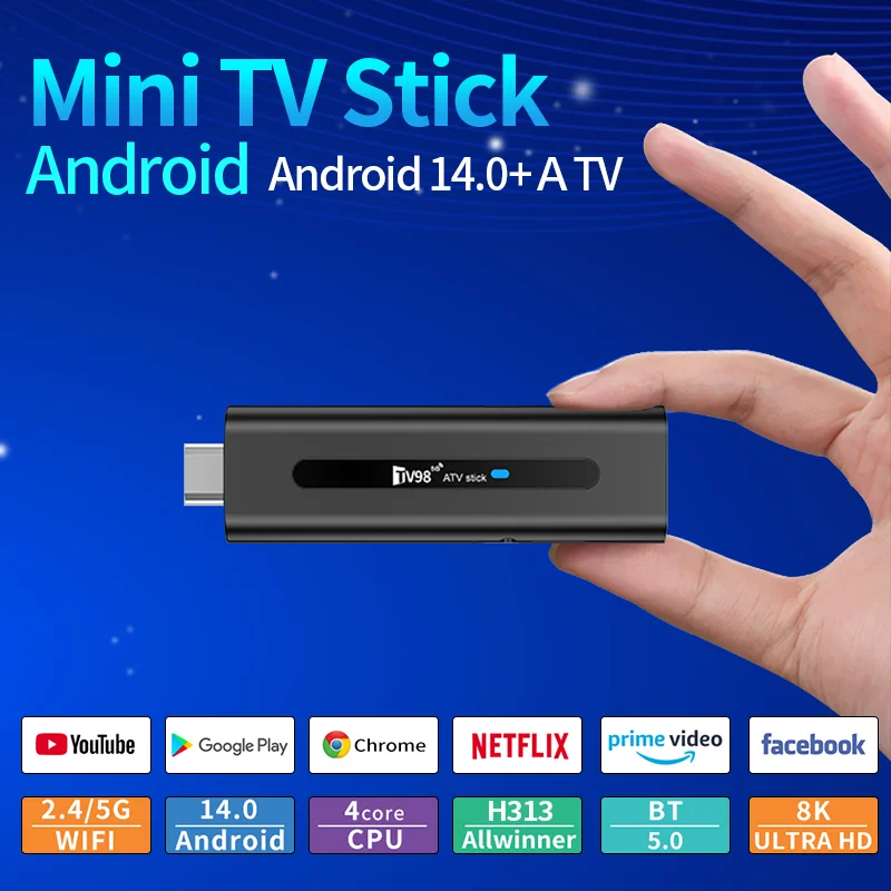 عصا تلفاز ذكية أندرويد 14 ATV 8K ، Allwinner H313 ، G ، 5G ، WiFi ، دعم OTA ، مشغل 4K ، BT5.0 ، 2GB ، 16GB ، صوت ، صندوق تلفاز ، TV98