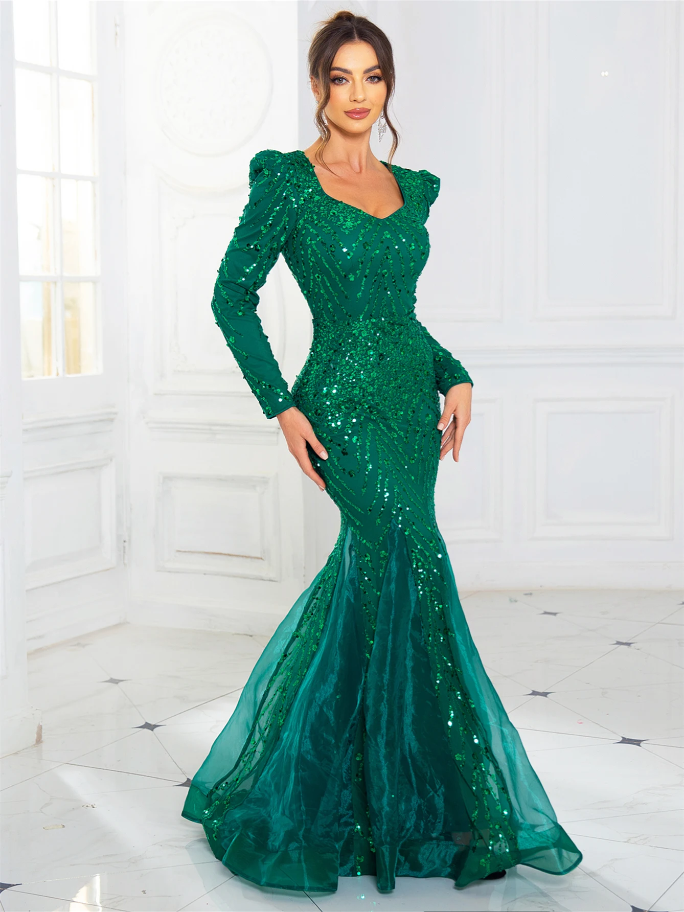 Navy Green Sparkle Sequined V Neck Evening Gown Prom Elegant Organza A Line Fishtail Maxi Dress