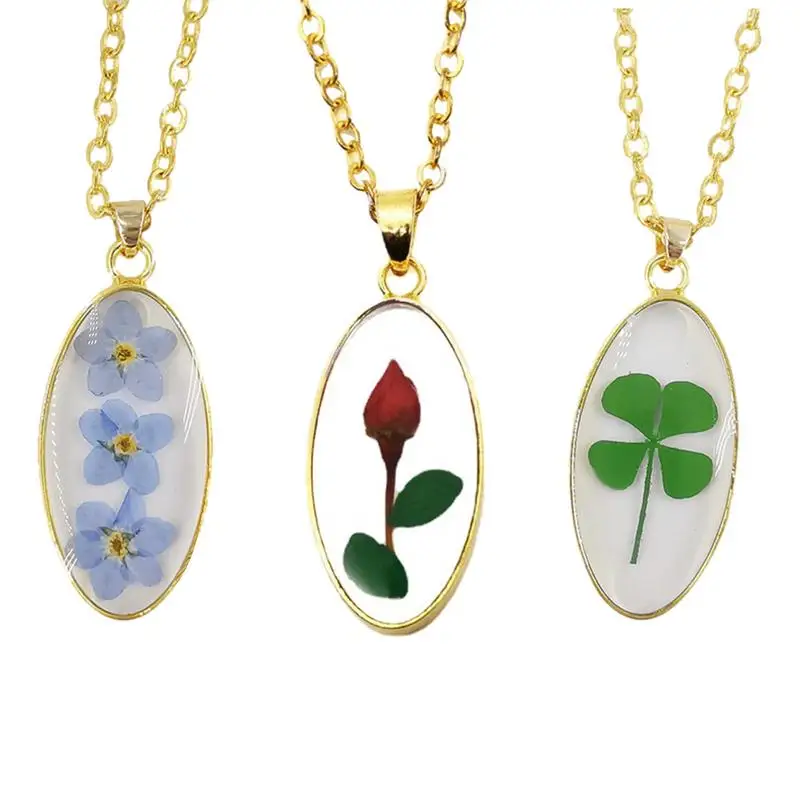 Dried Flower Charm Oval Shape Handmade Dried Rose Flower Necklace Drop Shape Transparent Mixed Colors Do Not Forget Me Necklace