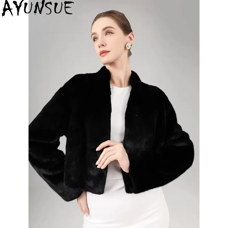 AYUNSUE Cappotto di pelliccia vera Donna Giacche invernali di lusso Donna Colletto alla coreana Giacca di pelliccia Visone intero Cappotti di pelliccia nera Abbigliamento donna Шу].