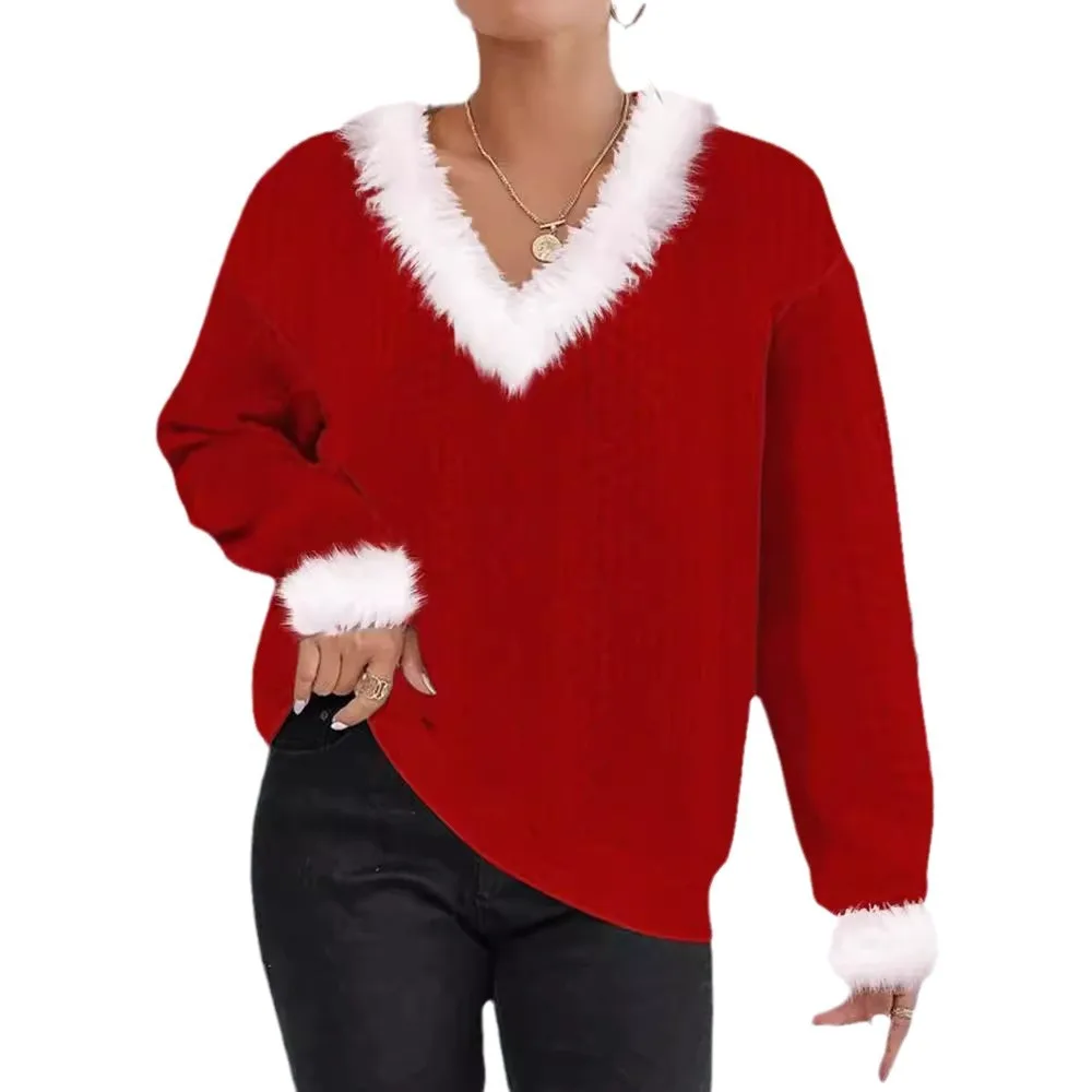 Pull Femme noël polyvalent tricoté Pull Femme laine col en v à manches longues Pull couleur unie haut ample Pull Da Donna
