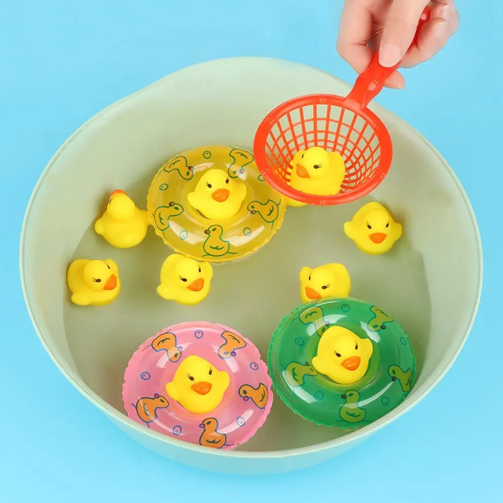 Washing Rubber Floating Mini Yellow Ducks Fishing Net Kids Bath Toys Swimming Rings