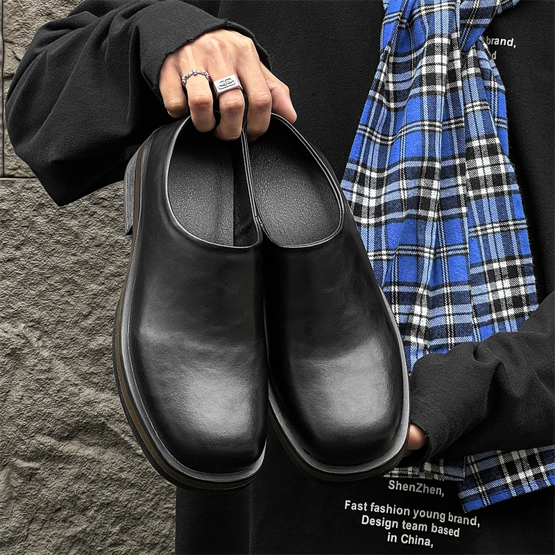 

Stylish Trendy Men Leather Loafers Slip-On Comfort Shoes Soft Lightweight Muller Shoes Male Casual Dress Shoes Driving Footwear