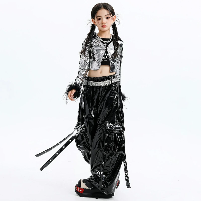 

New Girls Hip Hop Street Dance Costumes Cool Sliver Sequined Tops Black Leather Pants Outfits Group Modern Jazz Stage Show Wear