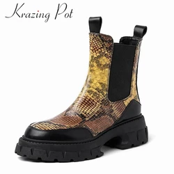 Krazing Pot 2023 krowa skóra Split moda buty okrągłe Toe Med obcasy serpentyn platforma niszowa osobowość Slip on botki