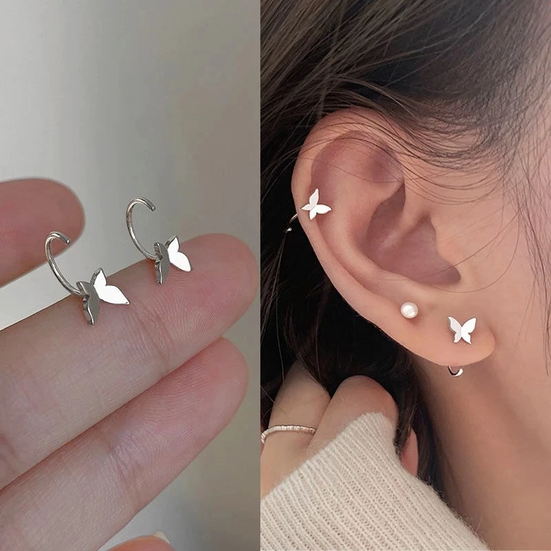 2pcs Butterfly Stud Earrings for Women Clip Lip Rings Hoop Nose Piercing Open Huggies Hook Ear Cartilage Helix Tragus Jewelry